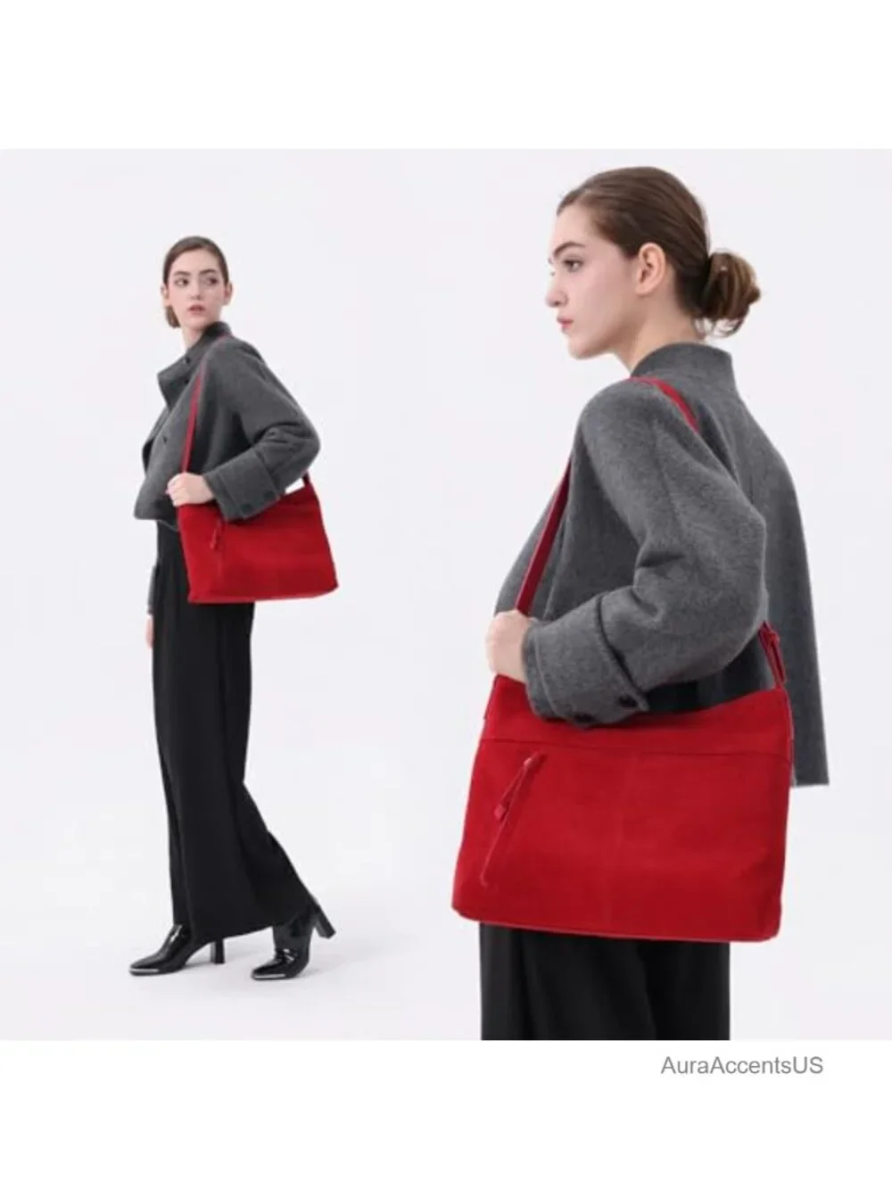 Genuine Suede Leather Hobo Shoulder Crossbody Bag, Zip Top, Adjustable Strap
